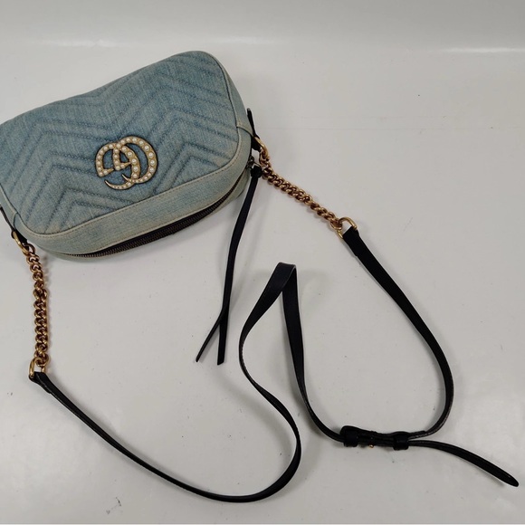 Gorgeous Denim Gucci Marmont Crossbody Bag with Pearl Logo! Authentic - Picture 4 of 9
